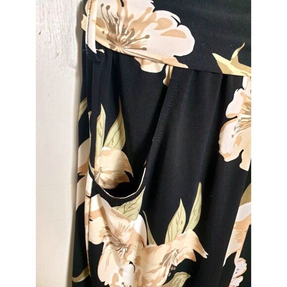 Colleen Lopez Floral Sleeveless Jumpsuit M Black Beige Elastic Tie Waist Pockets - Picture 3 of 3